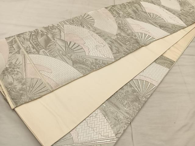 平和屋着物◎六通柄袋帯　九百錦　扇面風景文　ホワイトゴールド箔　正絹　逸品　BAAX1556mz