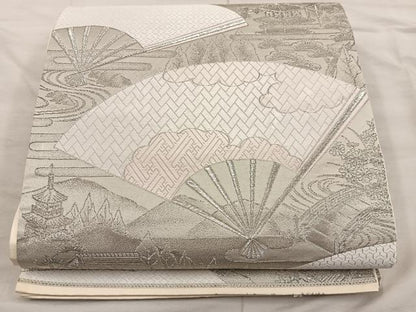 平和屋着物◎六通柄袋帯　九百錦　扇面風景文　ホワイトゴールド箔　正絹　逸品　BAAX1556mz