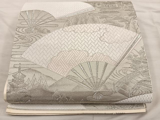 平和屋着物◎六通柄袋帯　九百錦　扇面風景文　ホワイトゴールド箔　正絹　逸品　BAAX1556mz