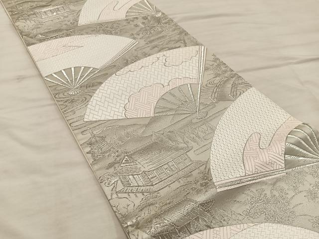 平和屋着物◎六通柄袋帯　九百錦　扇面風景文　ホワイトゴールド箔　正絹　逸品　BAAX1556mz