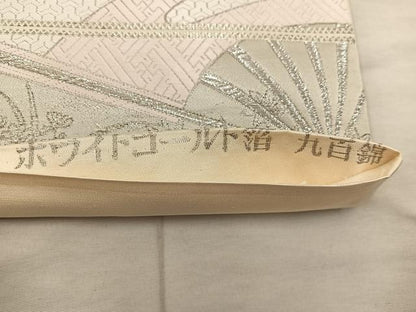平和屋着物◎六通柄袋帯　九百錦　扇面風景文　ホワイトゴールド箔　正絹　逸品　BAAX1556mz