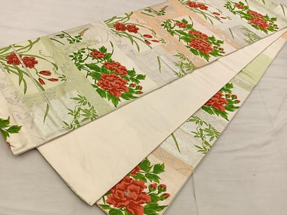 平和屋着物◎六通柄袋帯　唐織　牡丹花文　銀糸　正絹　逸品　BAAX1559mz