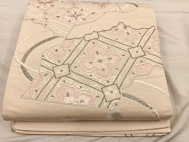 平和屋着物◎太鼓柄袋帯　総刺繍　駒刺繍　菱花文　銀糸　正絹　逸品　BAAX1562mz