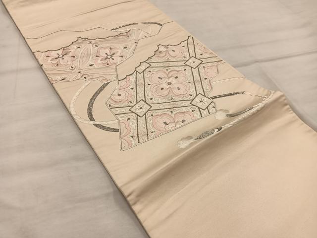 平和屋着物◎太鼓柄袋帯　総刺繍　駒刺繍　菱花文　銀糸　正絹　逸品　BAAX1562mz