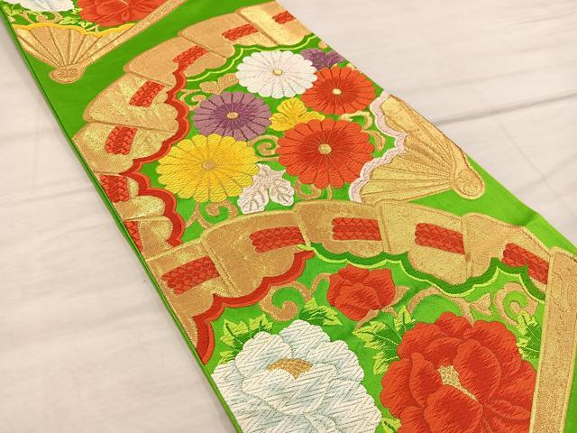 平和屋着物◎六通柄袋帯　唐織　檜扇菊花文　金糸　正絹　逸品　BAAX1567mz