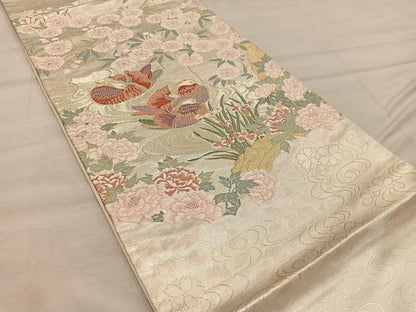 平和屋着物◎太鼓柄袋帯　唐織　鴛鴦花文　金糸　正絹　逸品　BAAX1568mz