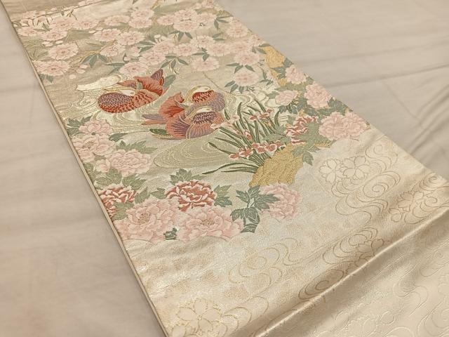 平和屋着物◎太鼓柄袋帯　唐織　鴛鴦花文　金糸　正絹　逸品　BAAX1568mz