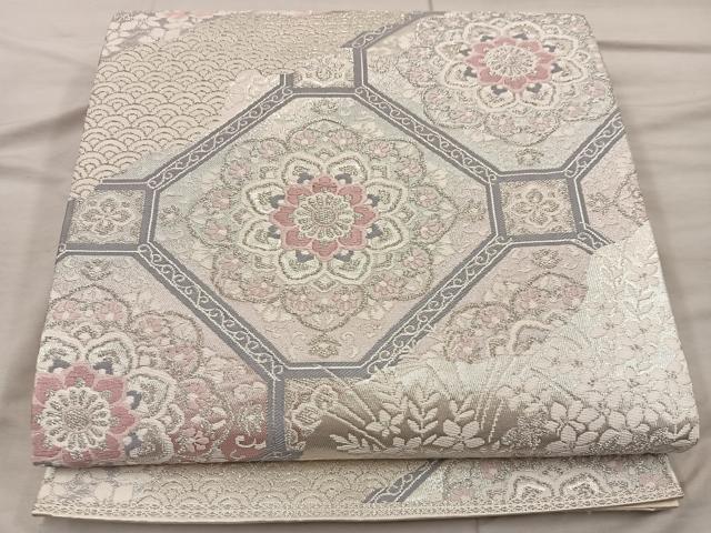 平和屋着物◎六通柄袋帯　蜀江花文　銀糸　正絹　逸品　BAAX1573mz