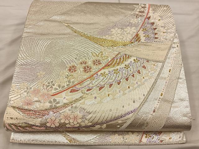 平和屋着物◎佐賀錦　六通柄袋帯　唐織　飛鶴花文　金糸　正絹　逸品　BAAX1574mz