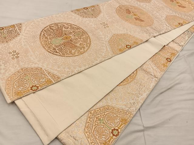 平和屋着物◎全通柄　本袋帯　向かい鳥丸文　金糸　正絹　逸品　BAAX1577mz