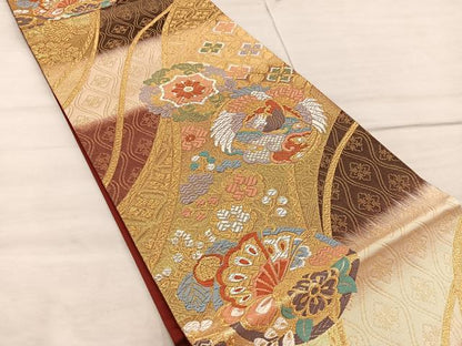 平和屋着物◎六通柄袋帯　唐織　鳳凰花文　金糸　正絹　逸品　BAAX1588mz