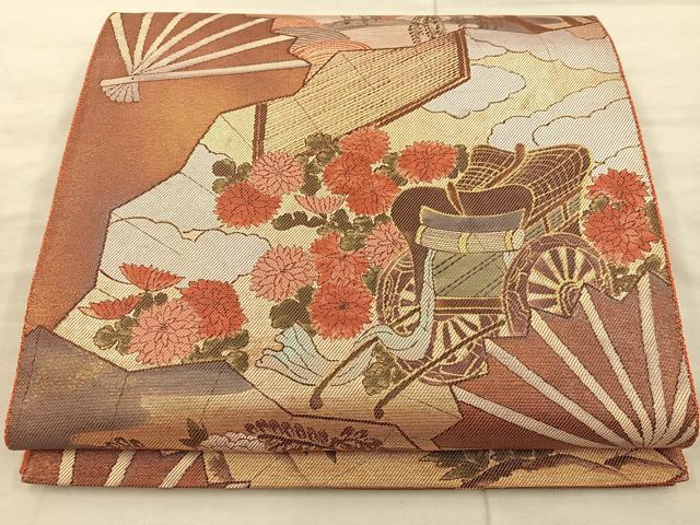 平和屋着物◎太鼓柄袋帯　御所車花文　金彩　正絹　逸品　BAAX1596mz