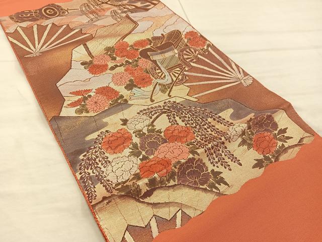 平和屋着物◎太鼓柄袋帯　御所車花文　金彩　正絹　逸品　BAAX1596mz
