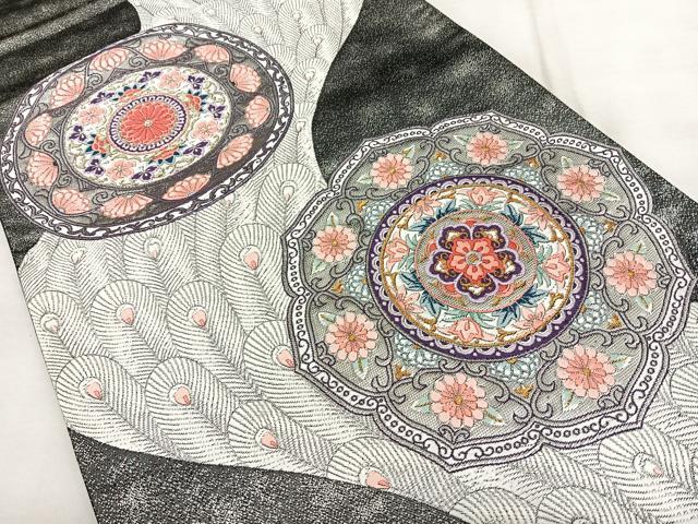 平和屋着物◎六通柄袋帯　唐織　孔雀羽花文　金銀糸　正絹　逸品　BAAX1616qw