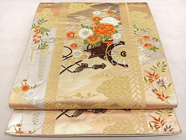 平和屋着物◎六通柄袋帯　唐織　花車文　金銀糸　正絹　逸品　BAAX1619qw