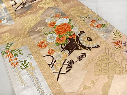 平和屋着物◎六通柄袋帯　唐織　花車文　金銀糸　正絹　逸品　BAAX1619qw