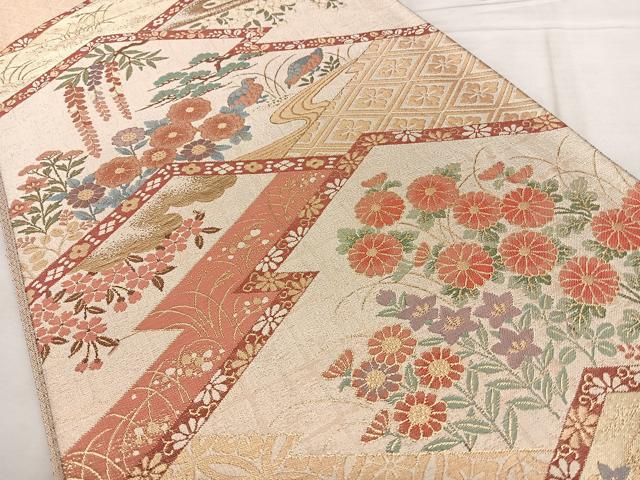 平和屋着物◎佐賀錦　六通柄袋帯　敦煌箔　花鳥文　金糸　正絹　逸品　BAAX1621qw