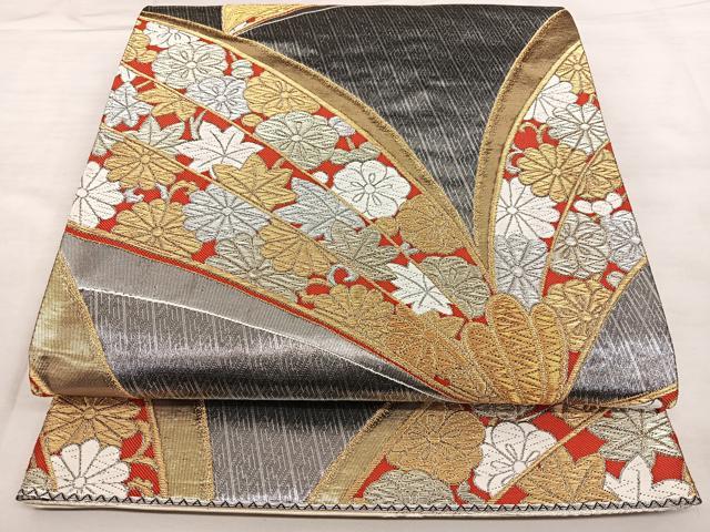 平和屋着物◎両面　六通柄袋帯　唐織　草花文　金銀糸　正絹　逸品　BAAX1629qw