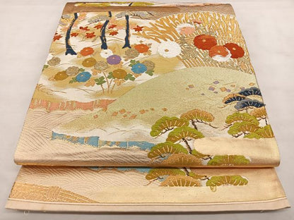 平和屋着物◎六通柄袋帯　唐織　遠山草花文　金糸　正絹　逸品　BAAX1632qw