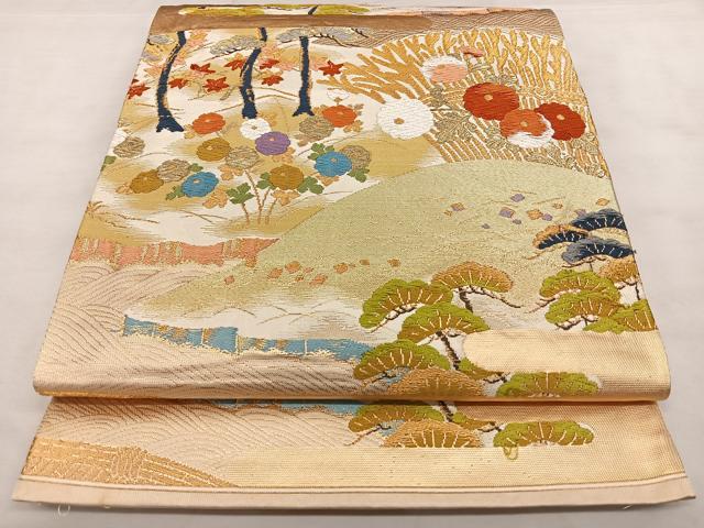 平和屋着物◎六通柄袋帯　唐織　遠山草花文　金糸　正絹　逸品　BAAX1632qw