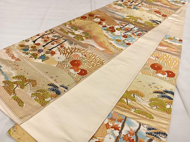 平和屋着物◎六通柄袋帯　唐織　遠山草花文　金糸　正絹　逸品　BAAX1632qw