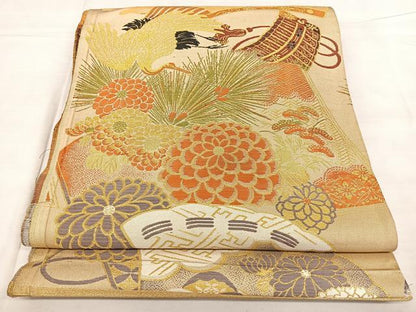 平和屋着物◎アンティーク　丸帯　今上錦　冊子草花文　金糸　正絹　逸品　BAAX1637qw