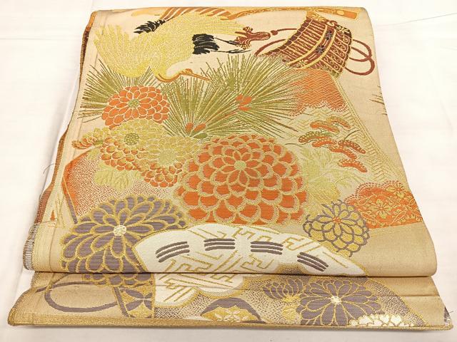 平和屋着物◎アンティーク　丸帯　今上錦　冊子草花文　金糸　正絹　逸品　BAAX1637qw