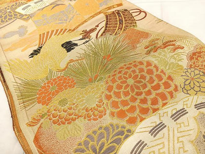 平和屋着物◎アンティーク　丸帯　今上錦　冊子草花文　金糸　正絹　逸品　BAAX1637qw