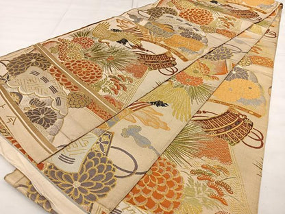 平和屋着物◎アンティーク　丸帯　今上錦　冊子草花文　金糸　正絹　逸品　BAAX1637qw