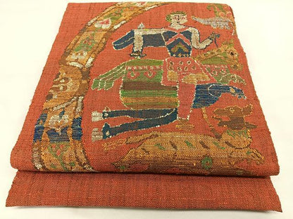平和屋着物◎八寸名古屋帯　紬地　狩猟文　銀糸　正絹　逸品　BAAX1639qw