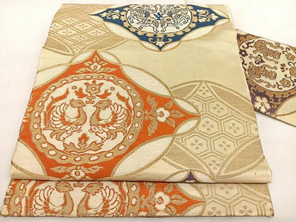 平和屋着物◎九寸名古屋帯　唐織　狩猟文　金糸　正絹　逸品　BAAX1640qw