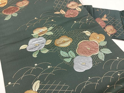 平和屋着物◎九寸名古屋帯 草花文 金銀糸 正絹 逸品 BAAX1651qw