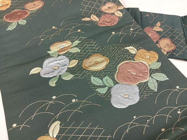 平和屋着物◎九寸名古屋帯 草花文 金銀糸 正絹 逸品 BAAX1651qw