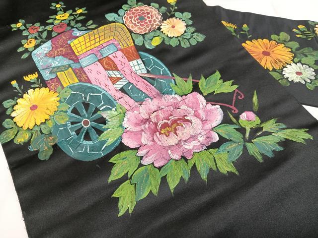 平和屋着物◎九寸名古屋帯 手描き 草花御所車文 黒地 金彩 正絹 逸品 BAAX1655qw
