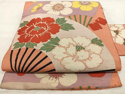 平和屋着物◎アンティーク 九寸名古屋帯 扇面花文 正絹 逸品 BAAX1659qw
