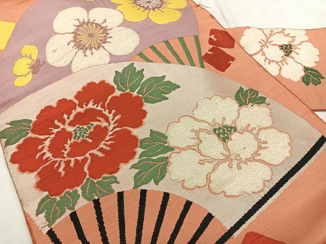 平和屋着物◎アンティーク 九寸名古屋帯 扇面花文 正絹 逸品 BAAX1659qw