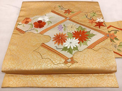 平和屋着物◎九寸名古屋帯 総刺繍 駒刺繍 雲取り花文 金銀糸 正絹 逸品 BAAX1660qw
