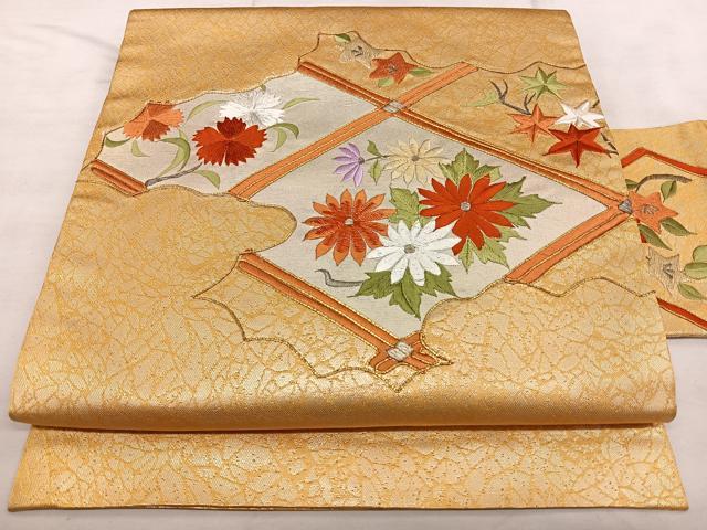 平和屋着物◎九寸名古屋帯 総刺繍 駒刺繍 雲取り花文 金銀糸 正絹 逸品 BAAX1660qw