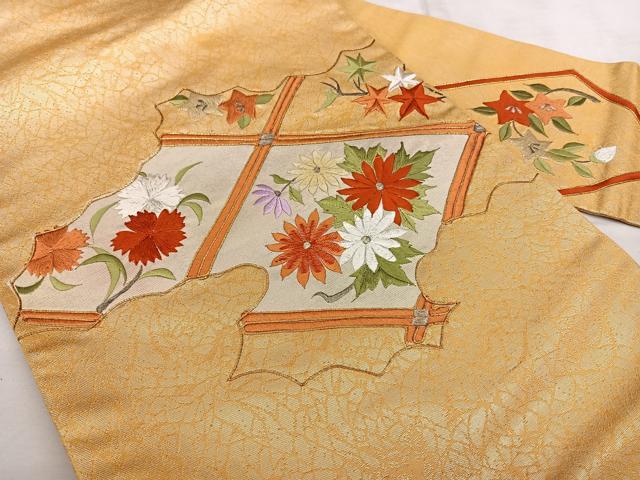 平和屋着物◎九寸名古屋帯 総刺繍 駒刺繍 雲取り花文 金銀糸 正絹 逸品 BAAX1660qw