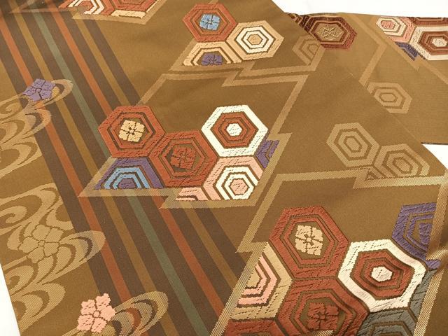 平和屋着物◎九寸名古屋帯 唐織 松皮菱亀甲文 金糸 正絹 逸品 BAAX1661qw