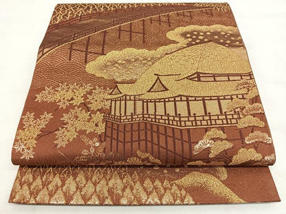 平和屋着物◎六通柄袋帯 風景文 金糸 正絹 逸品 BAAX1663qw