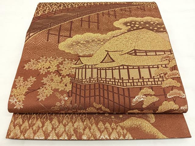 平和屋着物◎六通柄袋帯 風景文 金糸 正絹 逸品 BAAX1663qw