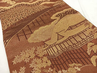 平和屋着物◎六通柄袋帯 風景文 金糸 正絹 逸品 BAAX1663qw