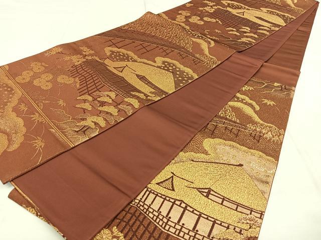 平和屋着物◎六通柄袋帯 風景文 金糸 正絹 逸品 BAAX1663qw