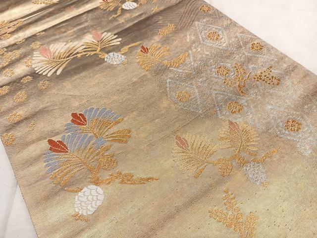 平和屋着物◎六通柄袋帯 唐織 枝松葉文 金銀糸 引箔 正絹 逸品 BAAX1676qw