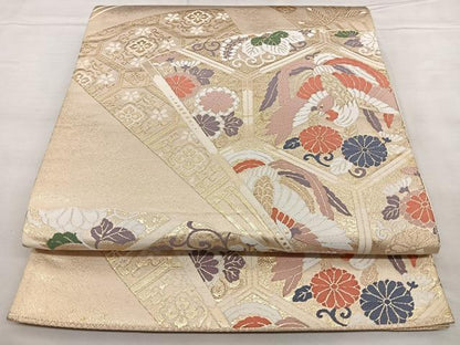 平和屋着物◎西陣 六通柄袋帯 唐織 扇面花鳥文 金糸 引箔 正絹 逸品 BAAX1688qw