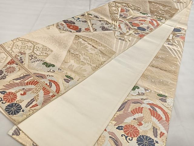 平和屋着物◎西陣 六通柄袋帯 唐織 扇面花鳥文 金糸 引箔 正絹 逸品 BAAX1688qw