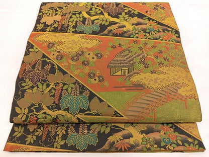 平和屋着物◎山喜織物謹製 萬葉 紹巴 全通柄袋帯 切嵌風景文 正絹 逸品 BAAX1702qw