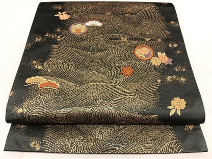 平和屋着物◎六通柄袋帯 唐織 花蝶文 金糸 正絹 逸品 BAAX1708qw