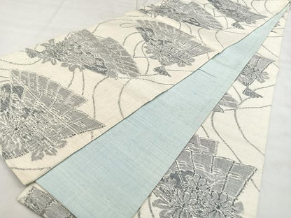平和屋着物◎全通柄袋帯　紬地　檜扇文　正絹　逸品　BAAX1711qw